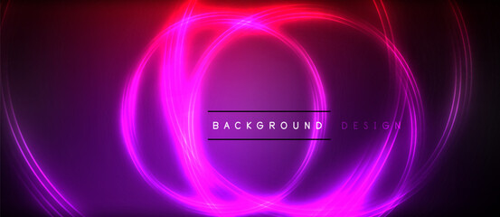 Neon glowing circle rays, light round lines in the dark, planet style neon wave lines. Energetic electric concept design for wallpaper, banner, background