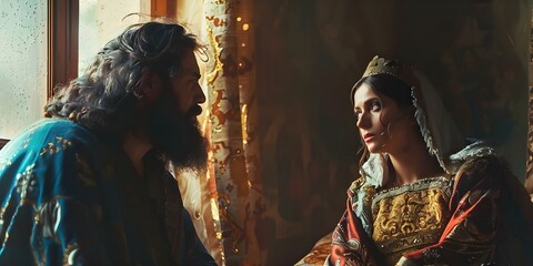 King David conversing with Bathsheba at palace window. Concept Biblical History, King David, Bathsheba, Palace Window, Conversations