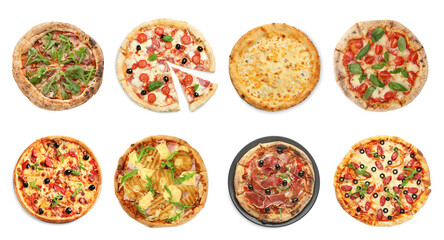 Different tasty pizzas isolated on white, collection
