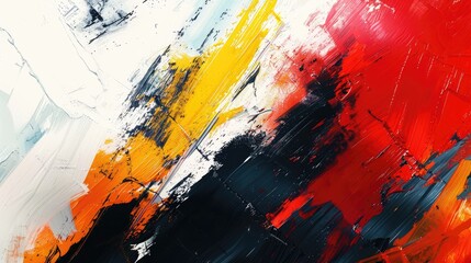 Abstract painting with bold strokes of red, yellow, white, and black.  A modern and colorful art background.