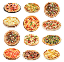 Different tasty pizzas isolated on white, collection