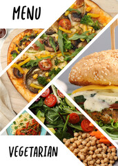 Vegetarian menu. Collage with different tasty dishes