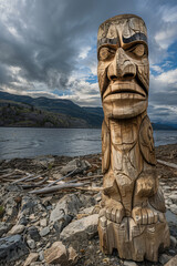 A carved wooden totem pole on a rocky shore in northern British Columbia Canada