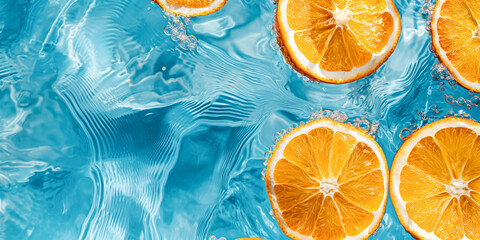 Fresh and juicy orange slices floating amidst sparkling blue water with bubbles