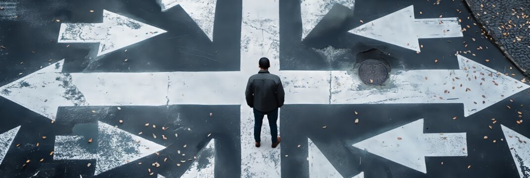 Individual viewed from behind standing at intersection with large white arrows symbolizing multiple life choices, pathways, or decisions in life directions.