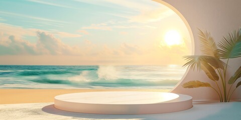 A minimalist round podium set against a serene ocean backdrop with soft waves and a bright sky