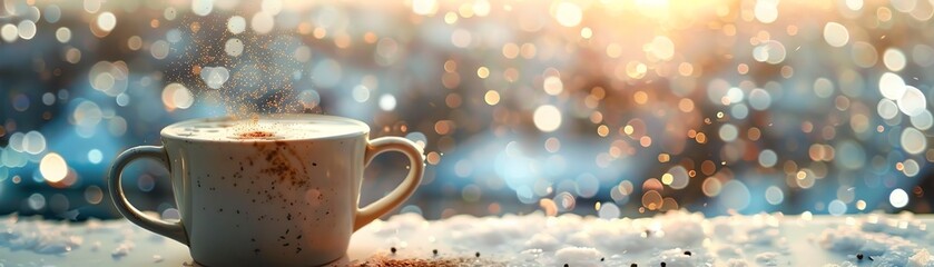 Fototapeta premium A warm cup of Polish herbata z pradem with hot tea and a splash of rum, served in a ceramic mug, placed on a table with a view of a snowy Polish village