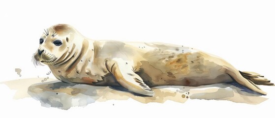 Obraz premium Cute watercolor seal lounging with soft, blended tones on a clean white background