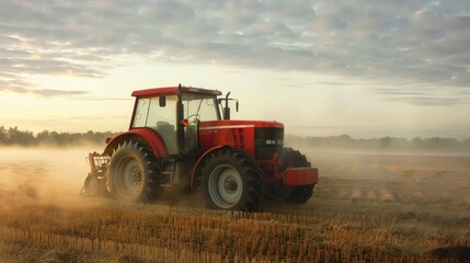 Obraz premium tractor idle in field with fog rising around.