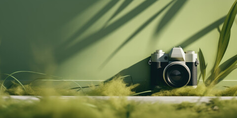 A camera is sitting on a green background with a leafy plant in the foreground. The camera is black and white, and it is a vintage model. The scene has a nostalgic and artistic feel