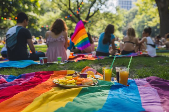 Food and drinks laying on a rainbow flag during a picnic, with people sitting in the background celebrating pride month