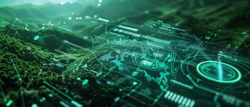 Digital Environmental Impact Assessment EIA interface with detailed, holographic environmental data and dynamic impact simulations
