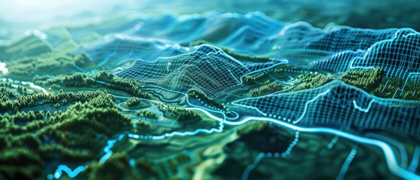 Digital Environmental Impact Assessment EIA interface with detailed, holographic environmental data and dynamic impact simulations