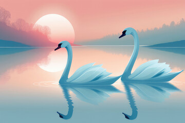 Naklejka premium Beautiful watercolor of Elegant swans gracefully swim in the a beautiful sunset.