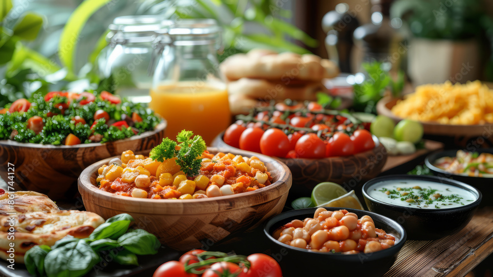 Wall mural breakfast table with indian food, healthy diet,generative ai