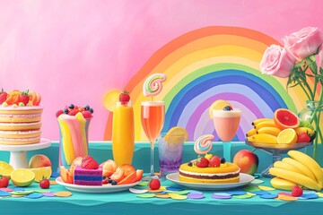 Delicious brunch with cakes, cocktails, fruits and sweets celebrating pride month with rainbow colors