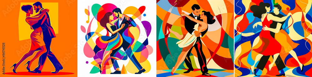 Wall mural collage, 4 photographs. vibrant digital illustration of a man and woman dancing tango. clean vector 