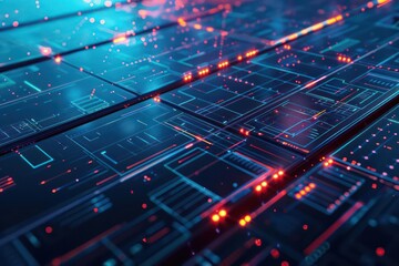 Obraz premium Hightech futuristic closeup of digital solar panels with glowing, holographic energy output displays and sleek, efficient designs