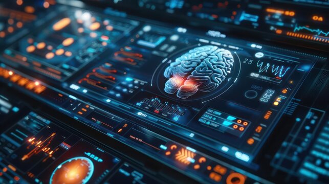 Hightech futuristic closeup of a digital neurosurgery interface with holographic brain models and precise, realtime navigation tools