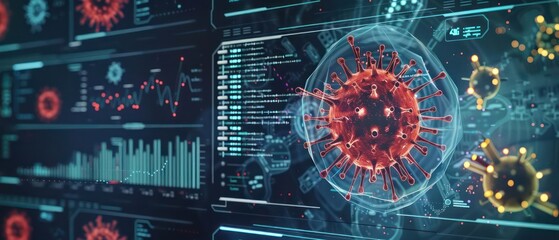 Hightech futuristic digital immunology dashboard with detailed immune response metrics and dynamic, realtime data visualizations