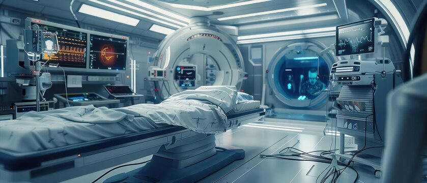 Hightech futuristic digital preop planning tool with interactive patient data inputs and advanced procedural simulations