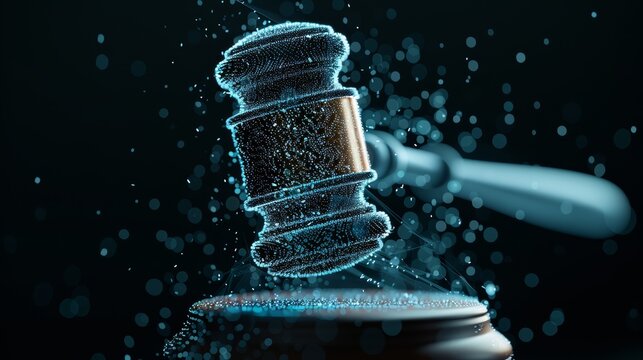 Digital gavel hitting virtual bankruptcy papers, futuristic legal system