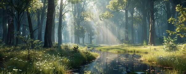 Fototapeta premium A tranquil forest scene with sunlight filtering through the trees.