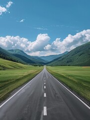 Naklejka premium A long stretch of road disappearing into the distance, set against a backdrop of majestic mountains