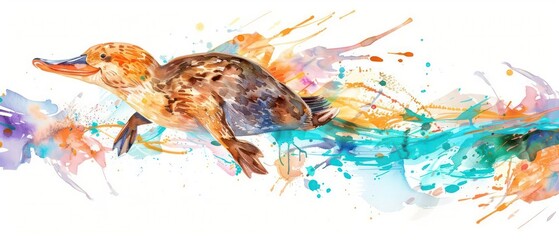 Playful watercolor platypus swimming with fluid, colorful strokes on a white background