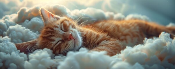 A heartwarming and adorable photography of a cute cat peacefully sleeping on a fluffy cloud, radiating pure serenity and comfort