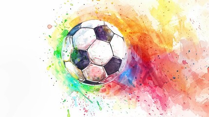 Watercolor clipart of a soccer ball on a white background with vibrant, splashy hues