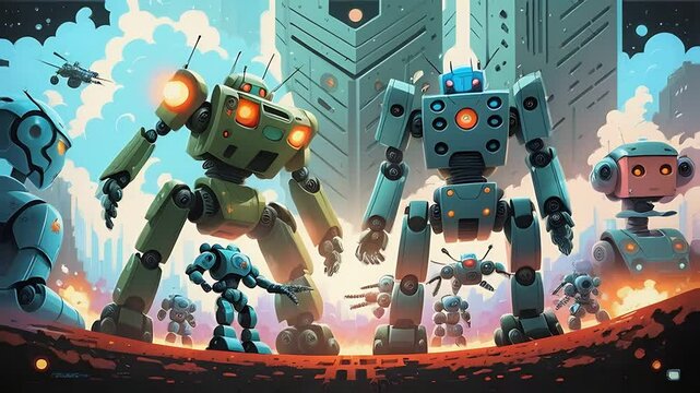 War machine. Futuristic cityscape with giant robot standing in the  city center 