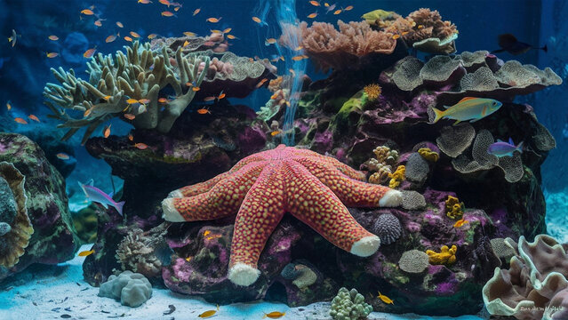 Fromia seastar in coral reef aquarium tank is one of the most amazing living decorations