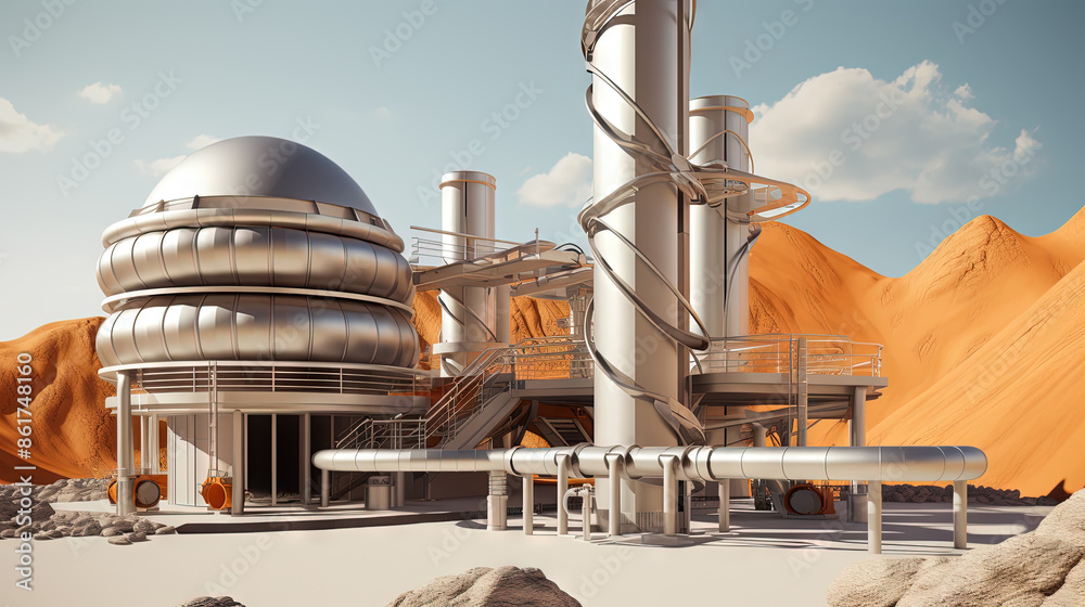 Poster retro futuristic architecture in sci-fi scene on the desert planet. alien landscape with nostalgic r