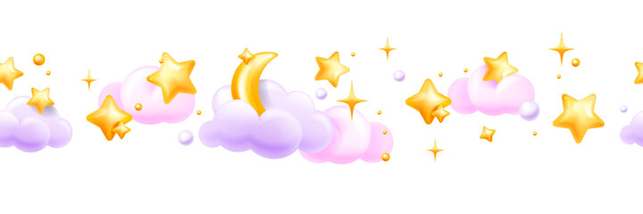 Obraz premium 3D star sky seamless border, vector pink magic clouds, moon, night objects, cute dream kids frame. Cartoon kawaii cosmic children panoramic poster, sweet dream wallpaper. Baby 3D star background