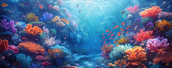 An underwater world with vibrant corals and exotic fish.