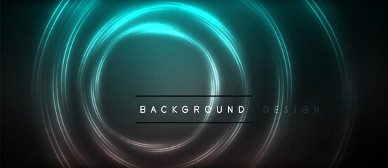 Neon glowing circle rays, light round lines in the dark, planet style neon wave lines. Energetic electric concept design for wallpaper, banner, background