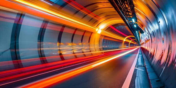 Capturing Blurry Light Trails in a Tunnel Through Long Exposure Shot. Concept Night Photography, Long Exposure, Light Trails, Tunnel, Blurry Effects