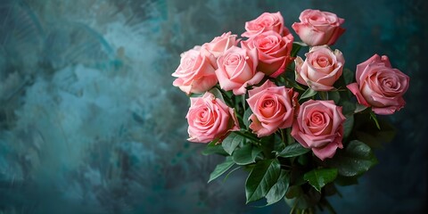 Romantic Pink Roses Bouquet Against a Dark Background. Concept Floral Arrangements, Romantic Themes, Pink Flowers, Dark Backgrounds