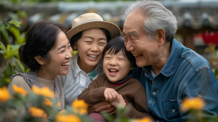 Obraz premium Senior Asian couple playing with their grandchildren in backyard, family time