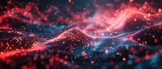 Abstract red and blue light trails in a dark background.