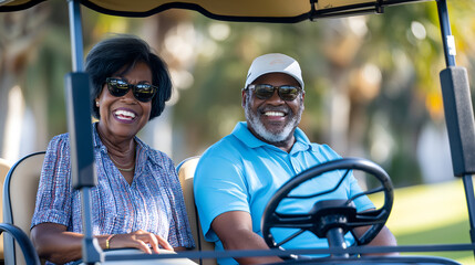 Senior black couple riding gold cart, playing golf during vacation