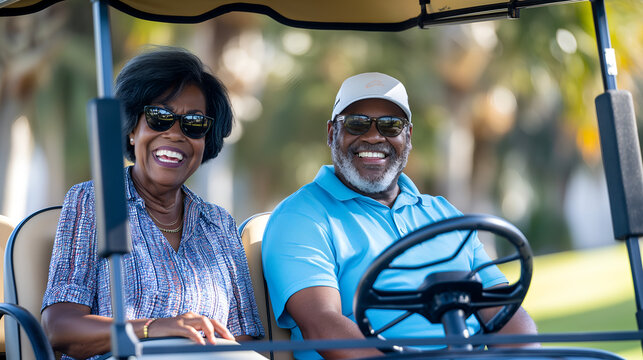 Senior black couple riding gold cart, playing golf during vacation