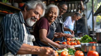 Senior interracial couple attending cooking class, following instructions, trying new recipes