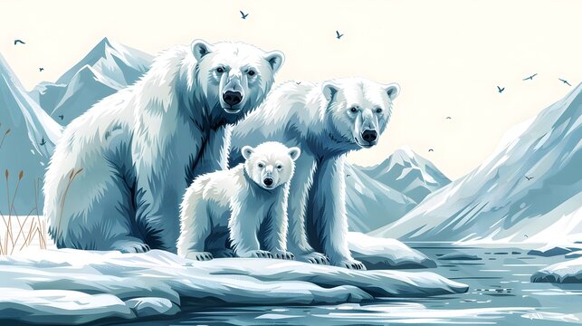 Alaskan Fathers Day, Design an image of a polar bear celebrating Fathers Day with his cubs. How are they expressing love in their icy habitat? 2D Clipart, simple line