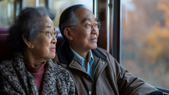 Senior Chinese couple taking a scenic train ride through the countryside, looking out the window 