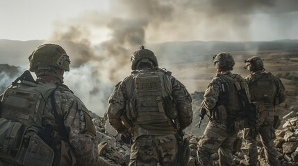 Obraz premium group of back soldiers in a war with full equipment