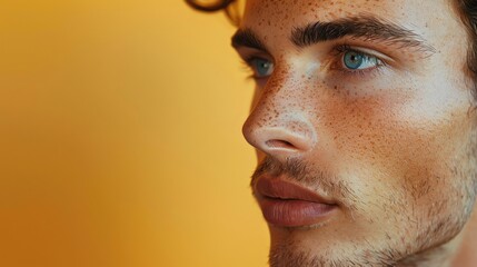 Obraz premium Close-up of a man with a clear complexion, pastel yellow background, realistic skin detail, ample copy space