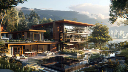 Fototapeta premium A luxurious house basking in sunlight, set against the stunning backdrop of Vancouver, Canada. Each prompt will showcase a unique aspect of this opulent residence.