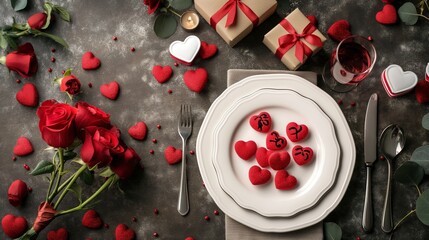 A romantic table setup adorned with red roses, heart-shaped treats, and elegantly wrapped gifts, ready to celebrate a special occasion with a loved one.